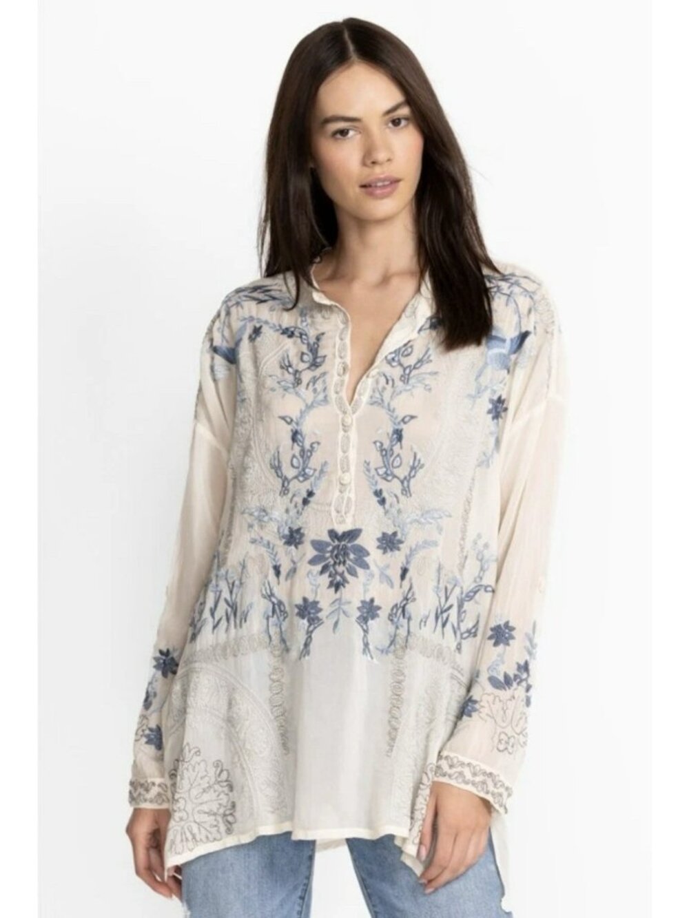 Johnny Was Alessa Tunic Long Top Shirt Floral Embroidery Shell White Large EUC!